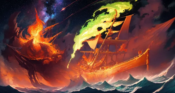 extremely detailed 8k wallpaper,(highly detailed:1.1), ((masterpiece:1.1)),[anime:Impasto:0.5], intricate , fantasy,(1ship),(ocean:1.2),[golden boat:golden boat with (green fire:1.2):0.1], clear sky ,wind ,beautiful sky,(nightsky),(galaxy), (huge blood moo...
