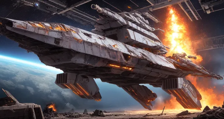 ((masterpiece)), (best quality:1.2), ((ultra-detailed)), ((illustration)),(depth) of (field), extremely detailed CG,(8k_wallpaper),(space:1.3),destroy,(spaceship:1.4),(war:1.5),(machinery),metal,(fire),(wreckage of spaceship:1.3),(buring),blast,insightful,...