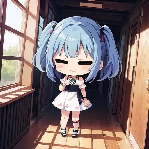 <lora:hotarueye_comic2_type2:1>, 1girl, (chibi:1.4), smile, closed mouth, upper body, standing, , blue hair, indoors