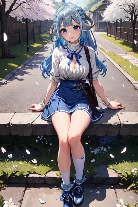 masterpiece, best quality, highly detailed, blue tint, MinaiAruma, (1girl:1.5), solo, beautiful, cute, (detailed eyes), (long hair), gradient hair, (gentle smile), (school uniform), blue serafuku, (blue pleated skirt), (white socks), (black shoes), (blue h...