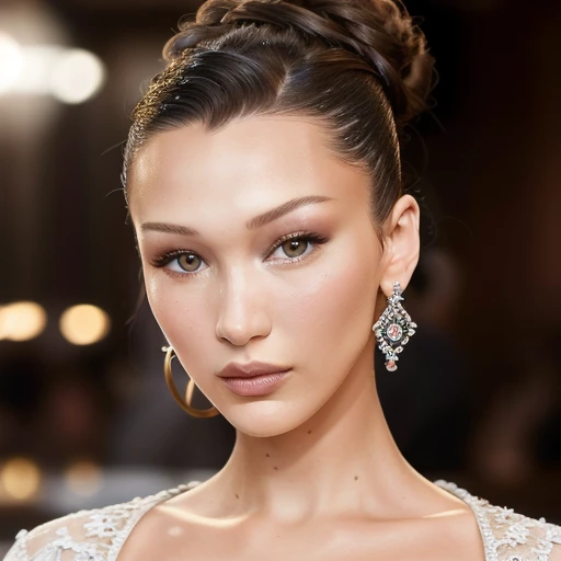 portrait photo of bellahadid beautiful woman hair updo upsweep nightclub sitting at bar (masterpiece) (best quality) (detailed) ...