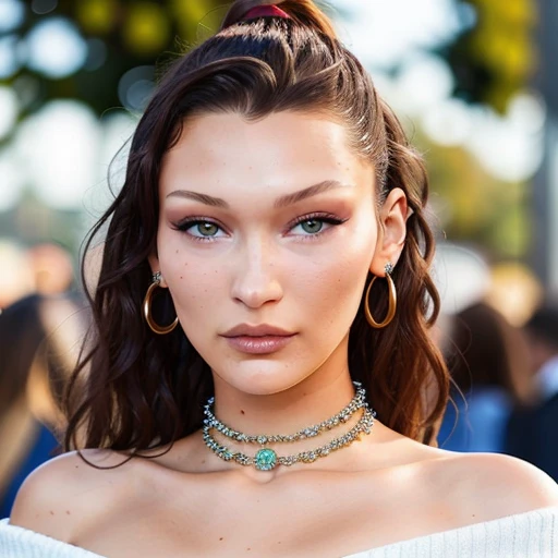 piercing eyes, looking straight, a 20 year old cute bellahadid,wearing an off-shoulder sweater, choker, closeup portrait, in a o...