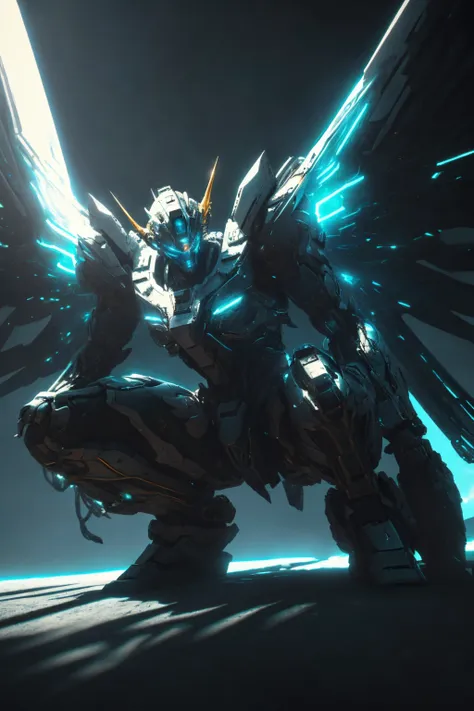 1 gundam robot crouching, glowing eyes, glowing armor,white mecha, wings,  zhongfenghua, cannons, ((cinematic lighting, high key...