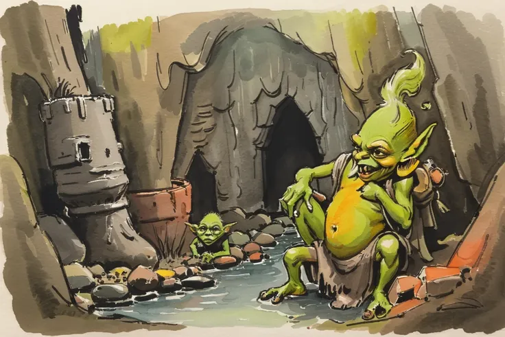 ink and wash, rough ink sketch, colorful, Goblin Mines<lora:EnvyInkAndWashXL01:0.3>