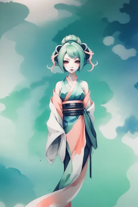 1girl, woman, geisha, elf, glimmering deep color:lightseagreen hair with peach highlights, short hair, (full body:1), [:creative costume design:0.2], bombshell hair, blue-green hair, side braid, toned hourglass figure, chinese<lora:EnvyInkAndWashXL01:1>