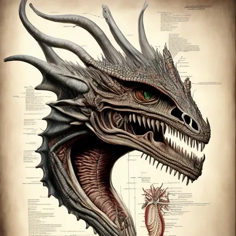 anatomical medical dissection of a dragon head, detailed, intricate