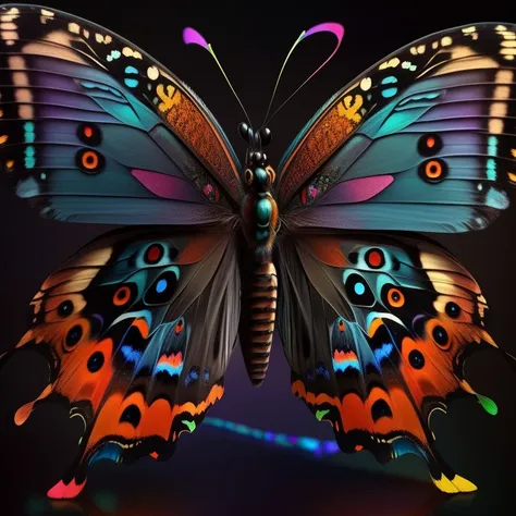 a colorful butterfly with a black background and a black background with a red, yellow, and blue butterfly , chaingirldark style...