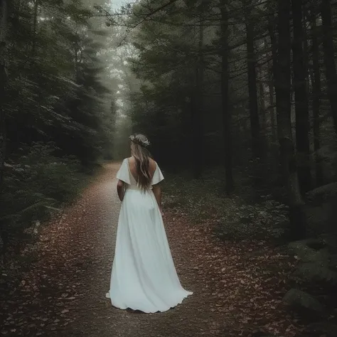 a woman in a white dress walking through a forest in the dark with a white dress on and a white cape on , chaingirldark style di...