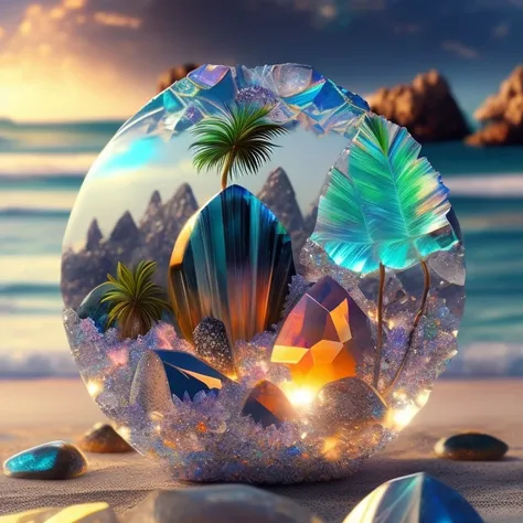 a crystal ball with a palm tree inside of it on a beach with rocks and sand around it and a few other rocks around it , chaingir...