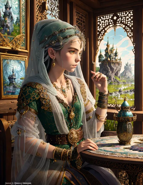 best quality, detailed, illustration, traditional media, (fantasy:1.1), magical, young 18-year-old woman, elegant, ethereal, mag...