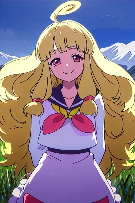 masterpiece, best quality,illustrious,hahajiamafuwari, 1girl,solo,{{{ahoge}}},pink eyes,white serafuku,{{waist apron}},{{arms behind back}},{{arms down}},{{hands down}},light simile,{{multicolored background}}, landscape, in a meadow, mountain,outdoor,look...