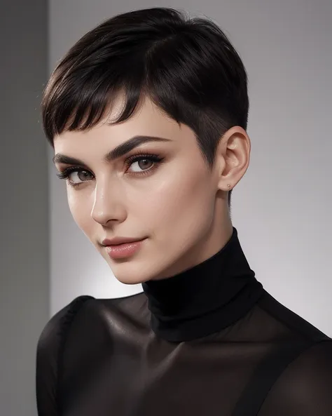 a woman with a short pixie wearing a black top