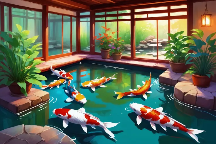 digital painting, well-lit interior, in a Funky Seasons koi pond<lora:EnvyDigitalPaintingXL01:1>