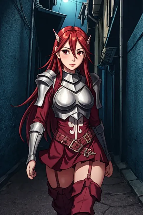 (cordelia fe) in dark alleyway, 1girl, solo, looking at viewer, armor, breastplate, thigh boots, hair ornament, garter straps, dress, skirt, thick thighs, night, rim light, dark theme