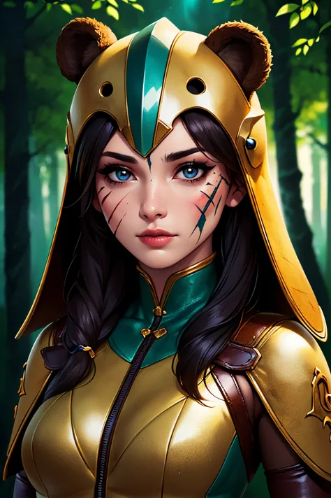 ((best quality)), ((masterpiece)), (detailed), beautiful face, female Barabrian, Scar on eyes, tribal mark on face,  bear leather suit,  detailed bear helmet, contrasting soft skin, (lighting:1.2), Medium shot portrait, 4:3 aspect ratio,
Forest background