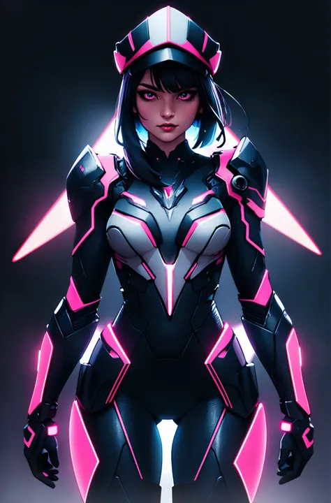 a woman in a futuristic suit with pink lights on her chest