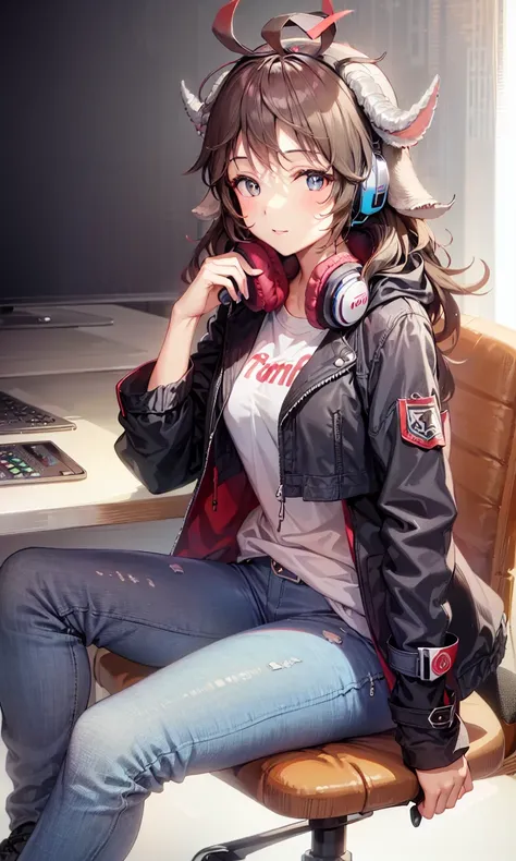 1girl,(((jacket,headphones,jeans,sitting,horn))),,chair