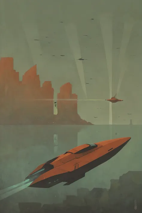 a close up of a futuristic ship in the water with a helicopter flying above