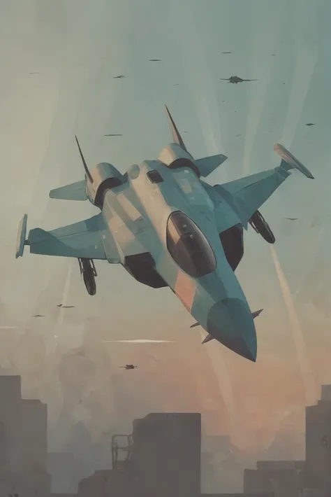 there is a painting of a fighter jet flying over a city