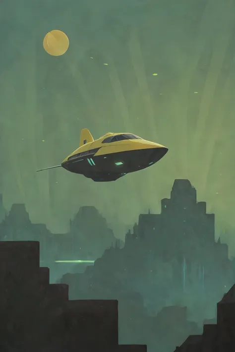 a close up of a spaceship flying over a city at night