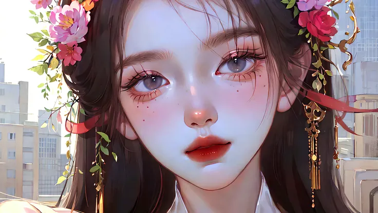 (((Masterpiece))), (((Best Quality: 1.4))), ((Super Detail: 1.4)) , In the center of the image is a portrait of a beautiful woman wearing a gorgeous red dress, jewelry and a garland of flowers. She has a delicate face and slightly tilts her head, as if she...