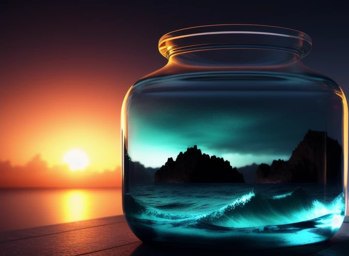 sea trapped in a bottle, night background, atmospheric lighting, 4k uhd, dark vibes, hyper detailed, vibrant colours, epic compo...