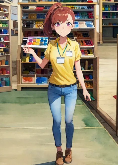 (masterpiece, best quality, beautiful detailed eyes, cinematic lightining), adult, 
1girl, solo,   standing, full body, (watercolor:1.3) 
 <lora:clerkgirl-tt-richy-v1_reg_3:1> clerkgirl, yellow shirt, blue pants, name tag