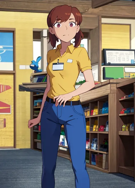 (masterpiece, best quality, beautiful detailed eyes, cinematic lightining), adult, 
1girl, solo,   standing, full body
 <lora:clerkgirl-tt-richy-v1_reg_3:1> clerkgirl, yellow shirt, blue pants, name tag