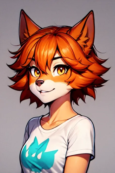 <lora:lxnadia:0.7>, anthro, fox girl, orange short hair, skirt, t-shirt, portrait