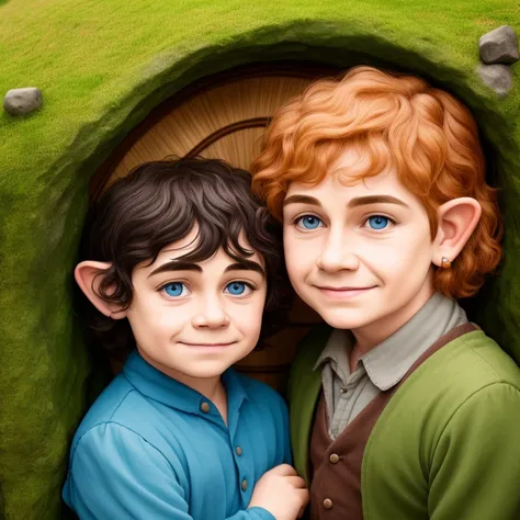 front portrait of a cartoon hobbit mother and son, detailed, portrait