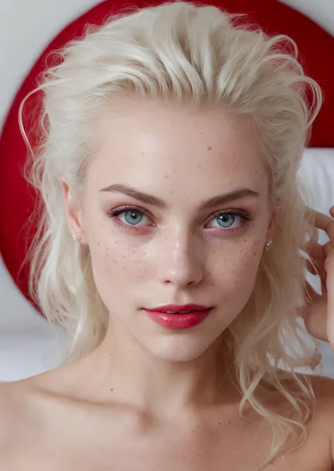 blond woman with freckles and blue eyes posing in bed