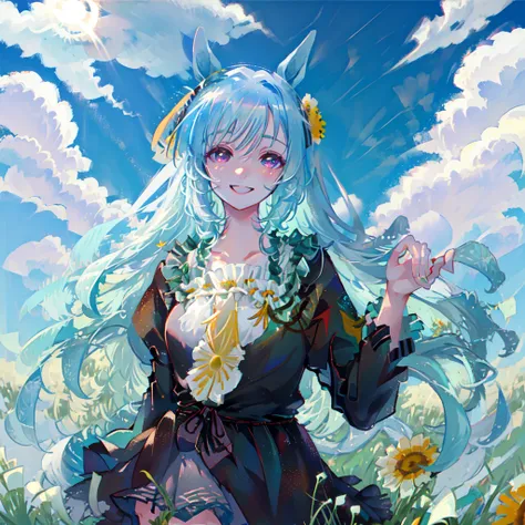 ((masterpiece, best quality)),1girl, horse ears, ((flowers meadows)), cloudy sky, sunlight, smile, purple eyes,