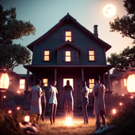 a group of people standing in front of a house with a fire