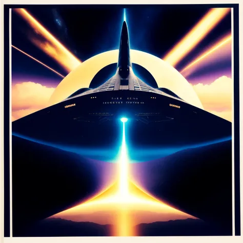 photo, a poster with an image of a spaceship in the middle of it (RetroAlbum style:1) <lora:djzRetroAlbumV21:1>