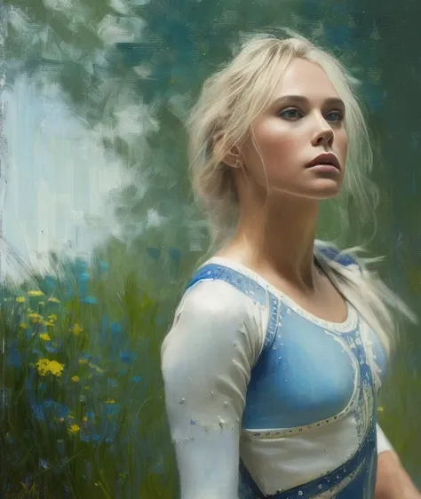 painting of (very blondie:1.1) girl blue and white outfit doing gymnastics, depth of field. 4k, hdr. by (james c. christensen:1....