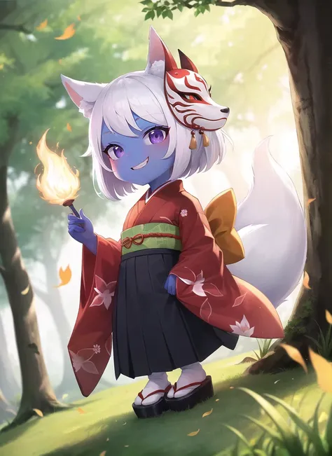 league of legends, masterpiece, best quality, 1girl, animal ears, blurry, blurry background, colored skin, fang, fantasy, fire, flaming weapon, forest, fox mask, grass, hitodama, japanese clothes, kimono, long sleeves, looking at viewer, mask, nature, offi...