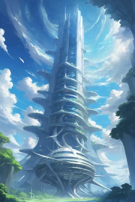 a painting of a futuristic building in the middle of a forest