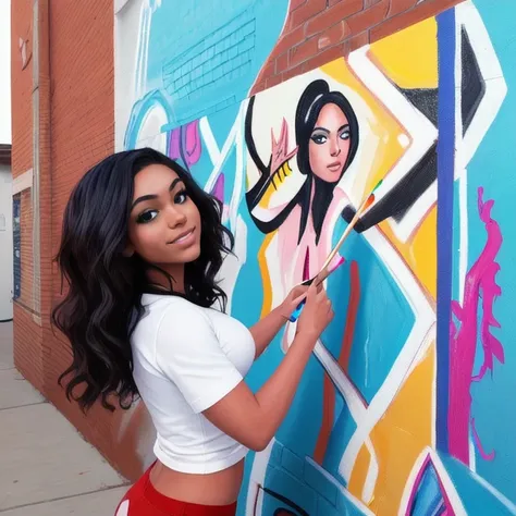 arafed woman painting a mural on a wall with a paintbrush