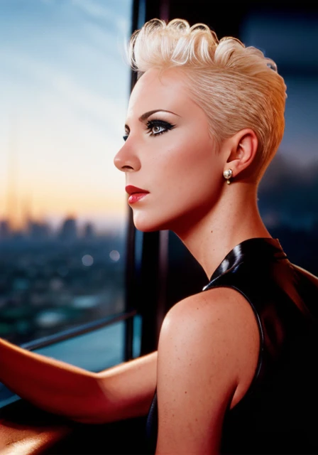 <lora:nnlnnx_1985-1987_v1.4e:1> short hair, nnlnnx, (Sharp focus: 1.5), portrait, stunning young woman, (flawless skin: 1.5), (intense gaze: 1.3), (smoky eye makeup: 1.2), (defined jawline: 1.2), (toned physique: 1.3), wearing (bodycon dress: 1.3) while (l...