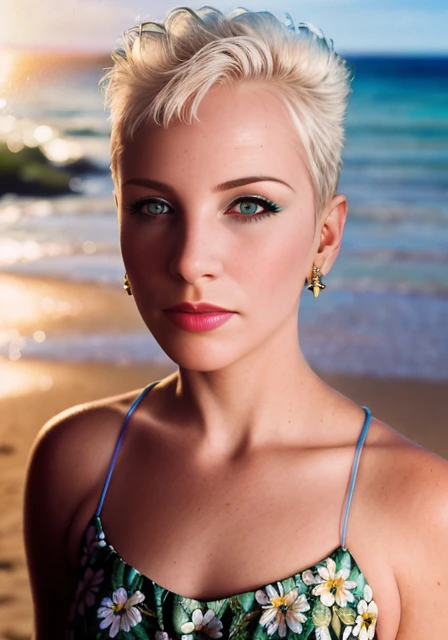<lora:nnlnnx_1985-1987_v1.4e:1> short hair, nnlnnx, (sharp focus:1.2), portrait, attractive young woman, (beautiful face:1.1), detailed eyes, luscious lips, (eye makeup:1.2), (tight body:1.2), wearing (flowery dress:1.2) at (the beach:1.2). (morning sun li...