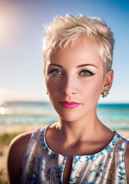 <lora:nnlnnx_1985-1987_v1.4e:1> short hair, nnlnnx, (sharp focus:1.2), portrait, attractive young woman, (beautiful face:1.1), detailed eyes, luscious lips, (eye makeup:1.2), (tight body:1.2), wearing (flowery dress:1.2) at (the beach:1.2). (morning sun li...