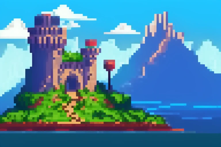 fantasy landscape, castle, game background, pixel art