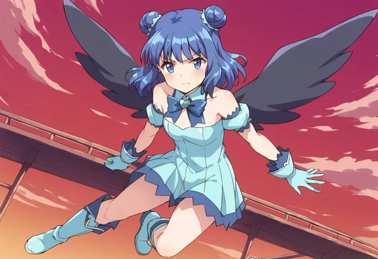 score_9, score_8_up, score_7_up, source_anime BREAK
mew mint, 1girl, solo, double bun, blue eyes, blue hair, short hair, blush, frown, hair ornament, blue skirt, flying, blue footwear, v-shaped eyebrows, blue theme, closed mouth, blue gloves, black wings, ...