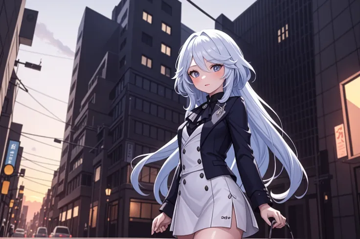 anime girl in a short skirt and jacket walking down a street