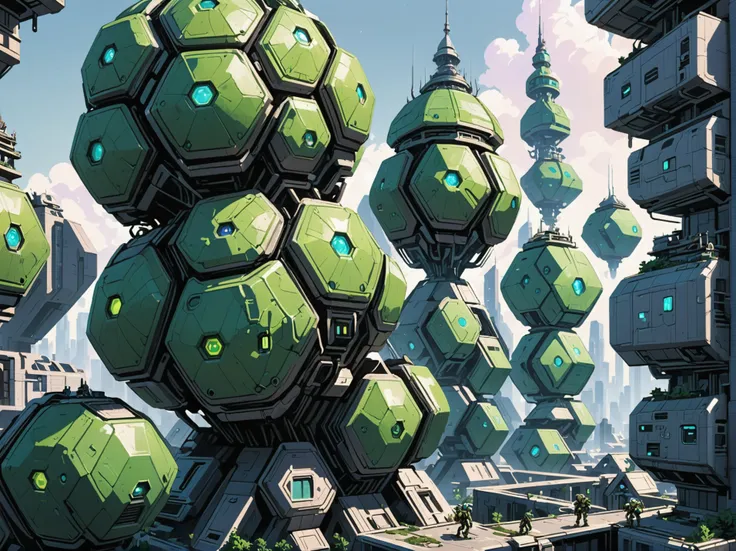 a close up of a futuristic city with a lot of green cubes