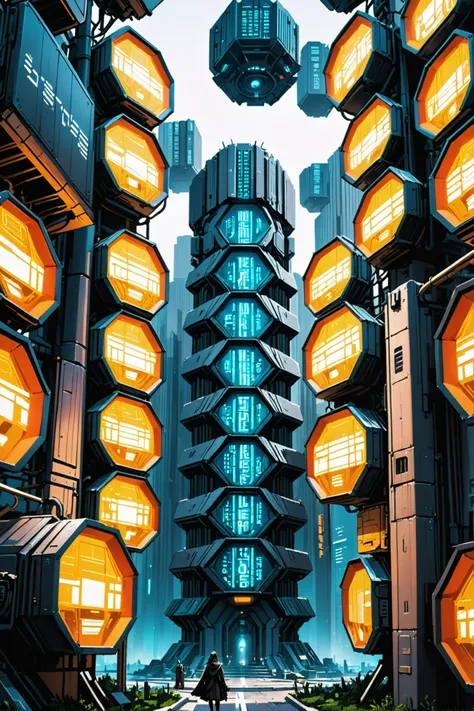 a man walking through a futuristic city with a tall tower