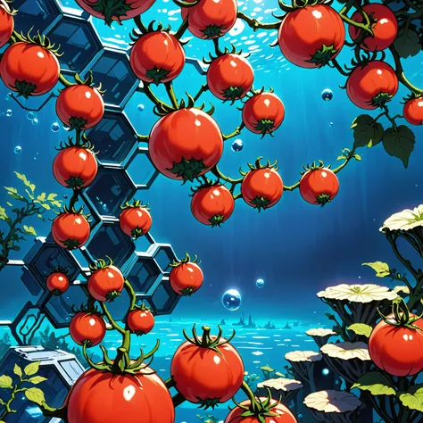 tomatoes are growing on a vine in a garden with a blue background