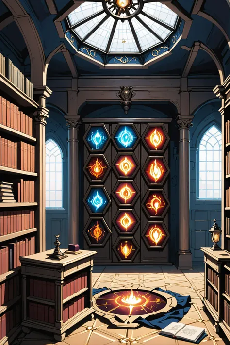 a close up of a room with a door and a lot of books