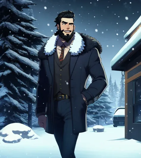 city, cyberpunk, night, skyscraper, fur trim, snowing,
1boy, anime, male focus, beard, best quality, black hair, highres, nazipu...