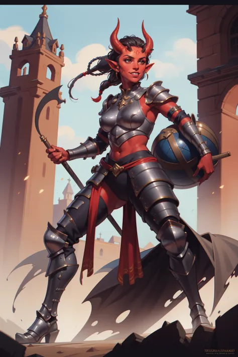 a woman in armor holding a sword and shield in front of a castle